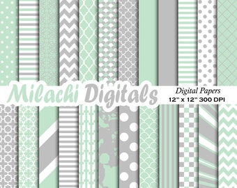 Mint and gray digital paper, background, scrapbook papers, stripes, chevron, polka dots - M351