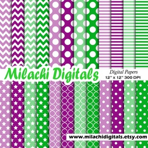May include: A set of 12 digital papers featuring various patterns in shades of green, purple, and white. The patterns include polka dots, stars, stripes, chevron, and geometric designs. The papers are 12 inches by 12 inches and 300 DPI. The text "Milachi Digitals" and "www.milachidigitals.etsy.com" are also included in the image.