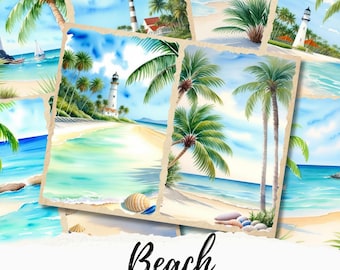 Beach Junk Journal Paper Printable, Beach Scrapbook Paper, Tropical Junk Journal Digital Collage Sheet, Commercial Use