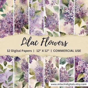 Lilac Flowers Digital Paper, watercolor floral patterns, junk journal pages, printable scrapbook paper, card making, instant download