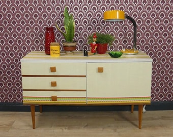 70er Jahre Kommode kleines Sideboard 1,09m Schleiflack creme bunt retro vintage mid century