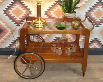Chariot de bar stable des années 60 70 en bois/laiton/verre chariot de service chariot à thé rétro vintage nostalgie