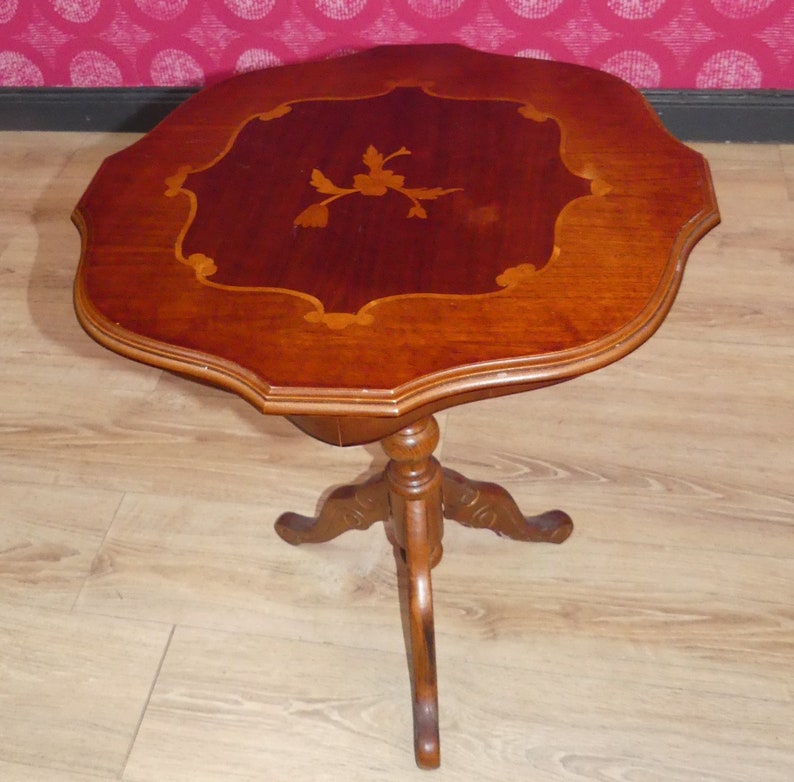 Small Light Round 52 Cm Side Table Chippendale Style Inlay H 59 Cm