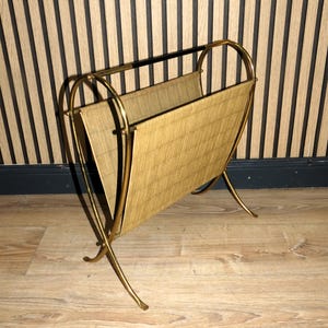 extremely shapely filigree sixties newspaper stand brass plastic magazine rack tiki 50s mid century vintage retro design