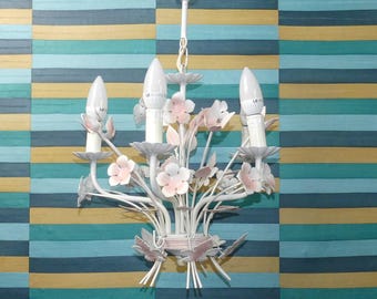 Lampadario vintage di Massive, stile francese, fiori rosa, 5 candele, shabby chic, italiano, fiorentino, stile Hollywood Regency