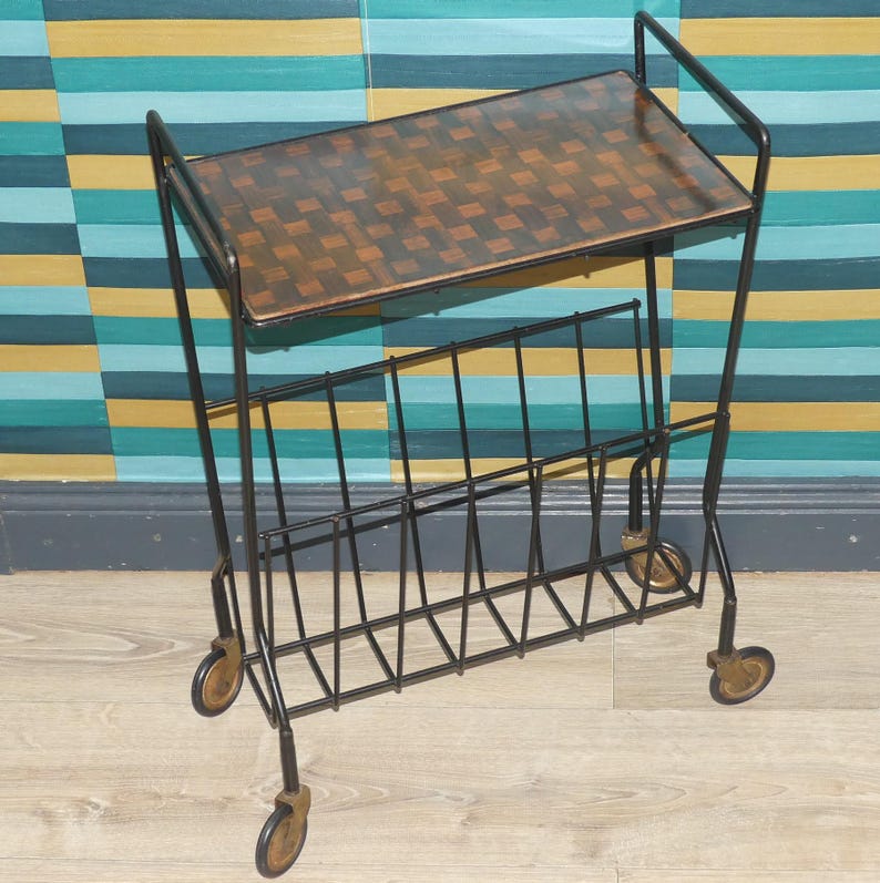 1960s String Magazine Rack, Teak Look, Resopal, Metal, Black, on Wheels ...