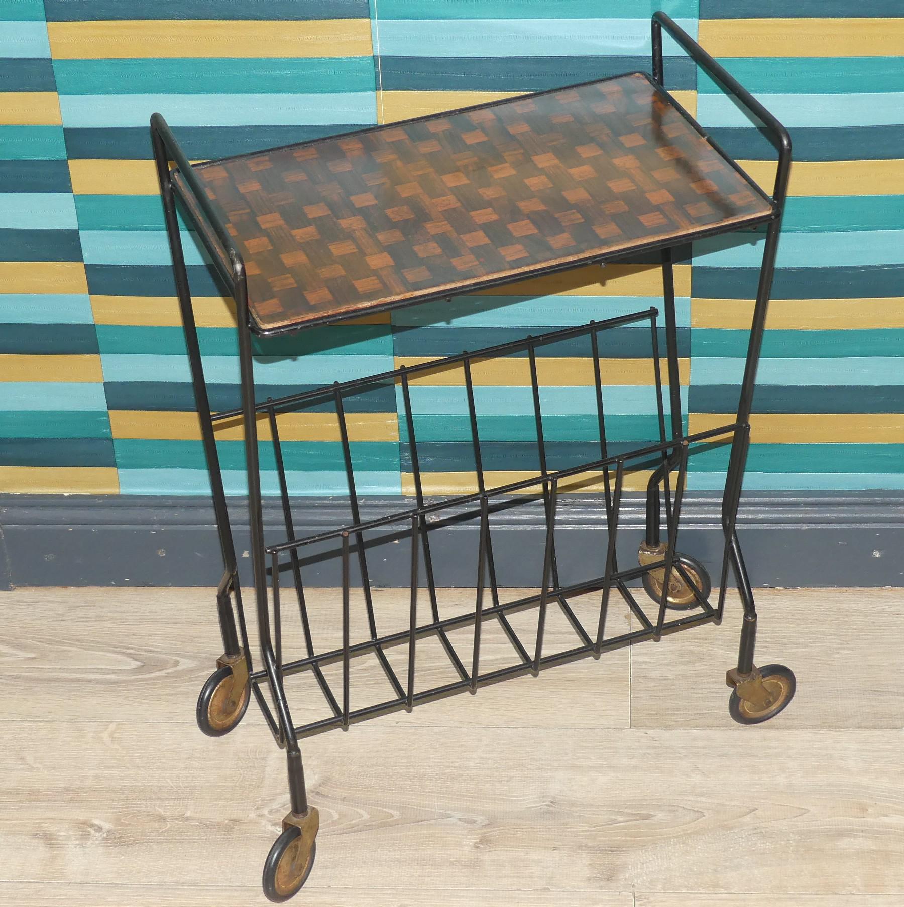 Antique String Rack 1960s String Magazine Rack, Teak Look, Resopal, Metal, Black, on Wheels ...