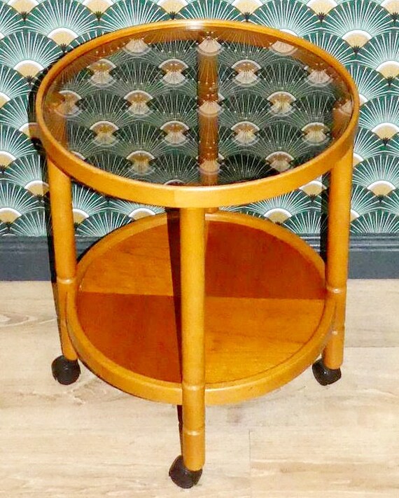 Round 70s Side Table on Wheels Wood Glass Stable Small Bar Cart