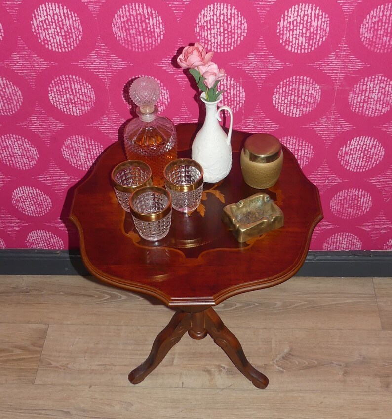 Small Light Round 52 Cm Side Table Chippendale Style Inlay H 59 Cm