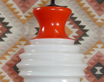 Petite 60s 70s Hanging Lamp Hallway Kitchen Light Lamp RED Opal Glass White retro vintage mid century space age seventies