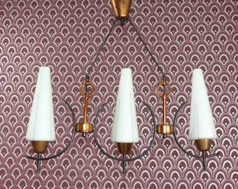 Hanglamp uit de jaren 60, koper/zwart, 3 lampen, space age, Sputnik, vintage uit het midden van de vorige eeuw