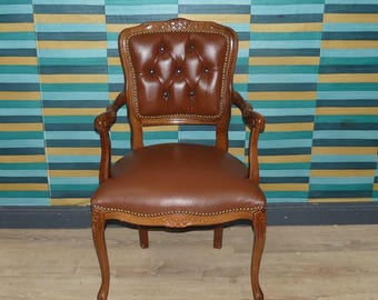 Silla tapizada, estilo barroco/Chippendale, piel SKAI, marrón, muebles estilo años 60, silla retro clásica, sillón