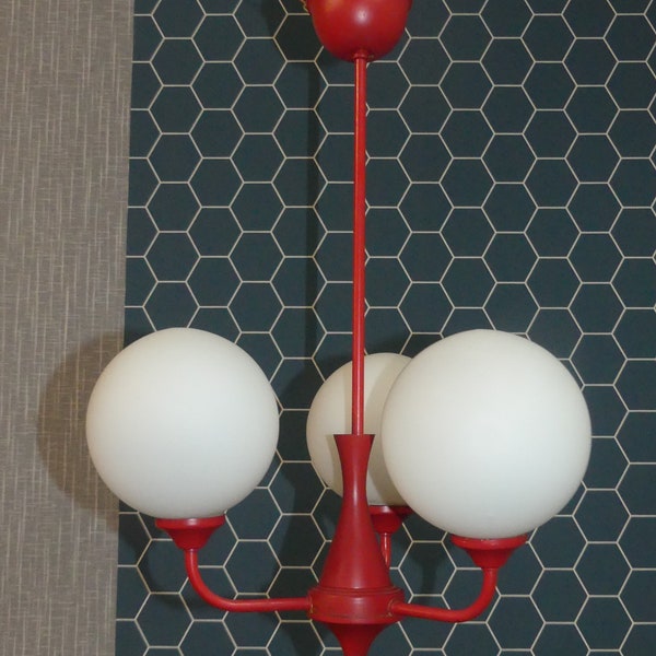 70s hanging lamp ball milk glass white-té red 3 flame metal space age sputnik