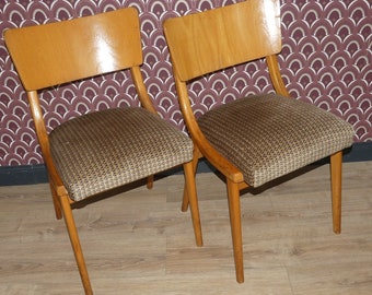 Juego de 2 sillas de los años 50, silla de cocina, silla de comedor, silla de cóctel con núcleo de resorte, marrón con estampado retro vintage