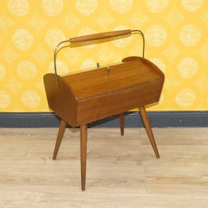 vintage 50s classic sewing basket sewing box wood on legs mid century sewing box retro