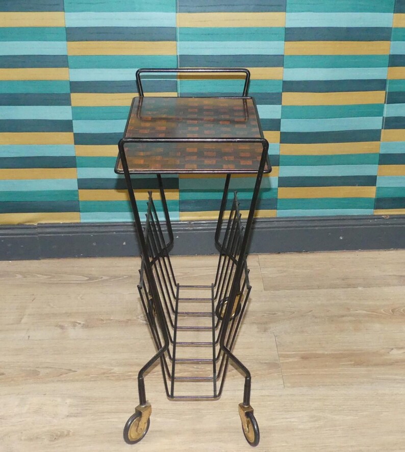String Magazine Rack, 1960s Style, Teak Look, Resopal, Metal, Black, on ...