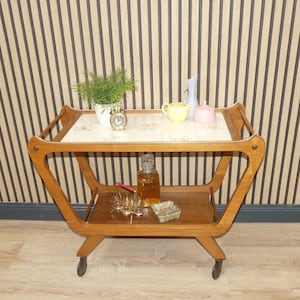 50er 60er Servierwagen Beistelltisch + Rollen Barwagen Teewagen Trolley Bar cart Resopal Fliesenoptik geblümt mid century retro vintage