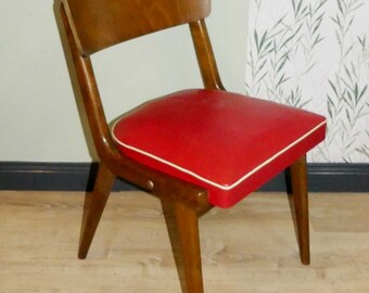 50er Jahre Stuhl mit ROTER Sitzfläche Küchenstuhl Eßzimmerstuhl Federkern Cocktailstuhl fifties stabil Chair 50ies vintage retro