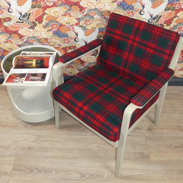60er Jahre Easy Chair Sessel rotgrün kariert Gestell grau retro mad men style vintage mid century