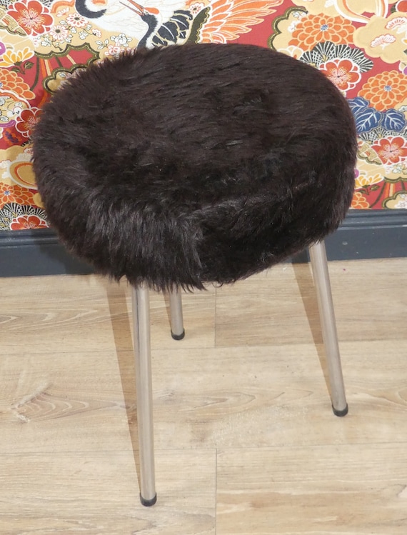 70s Fine Stool Woven Fur Black Fluff Cover Ostalgie Retro Vintage