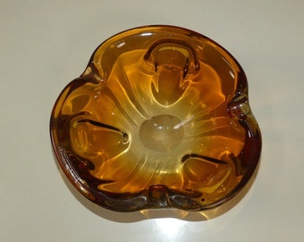 großer Murano Glas Aschenbecher Schale 20cm bernstein braun  60er Jahre Kunst Deko ashtray retro vintage bowl