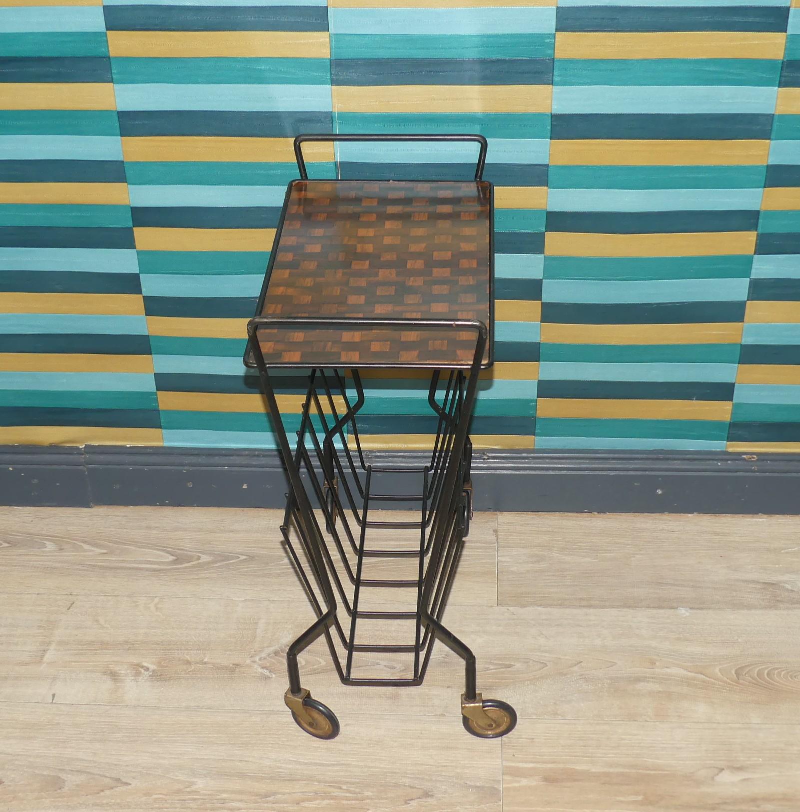 Antique String Rack 1960s String Magazine Rack, Teak Look, Resopal, Metal, Black, on Wheels ...