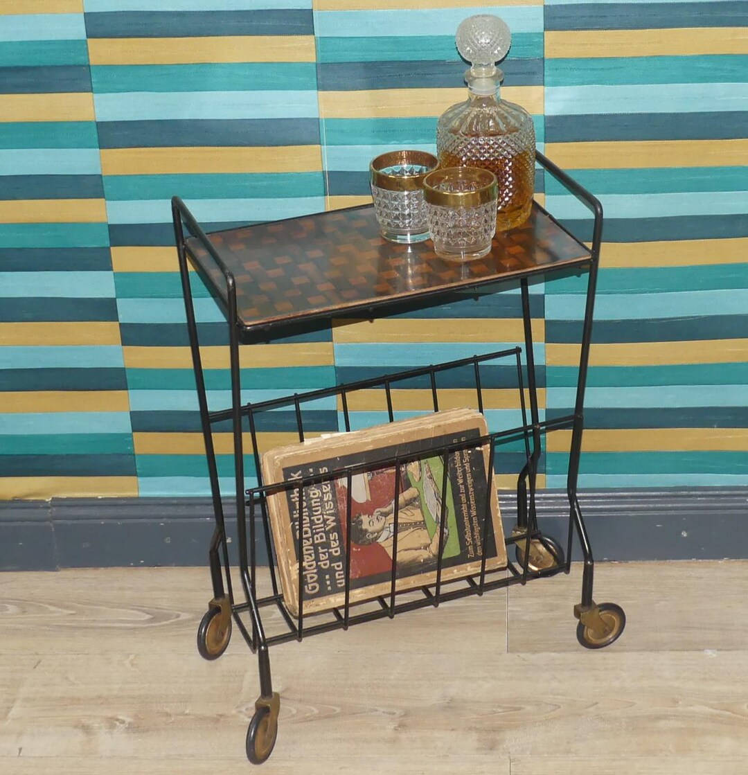 1960s String Magazine Rack, Teak Look, Resopal, Metal, Black, on Wheels ...
