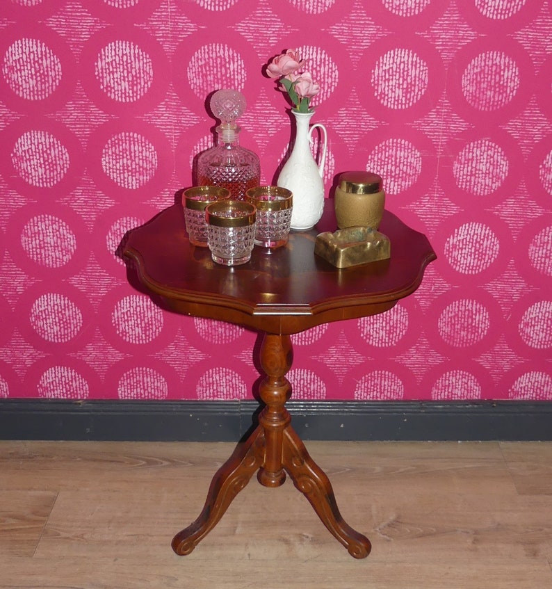 Small Light Round 52 Cm Side Table Chippendale Style Inlay H 59 Cm