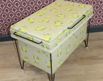 Floral 60s laundry chest box sixties yellow trunk box storage laundry pouf