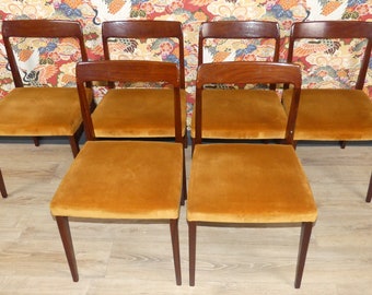 Set von 4 Stühlen 60er Jahre filigraner Esszimmerstuhl Stuhl 60s Design ORANGE Palisander Kirschbaum