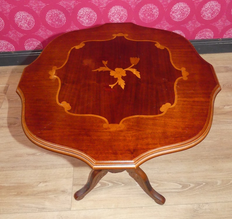 Small Light Round 52 Cm Side Table Chippendale Style Inlay H 59 Cm