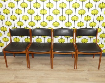 Set von 4 Teak Stühlen Leder schwarz dining chairs danish design denmark leather mid century retro