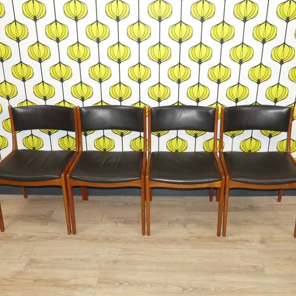 Set of 4 teak chairs leather black dining chairs danish design denmark leather mid century retro