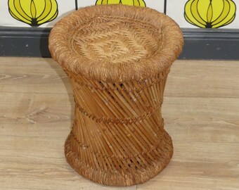 1970s rattan papercord storage flower stool flower stand braid vintage etagere plant stand bamboo plant stand