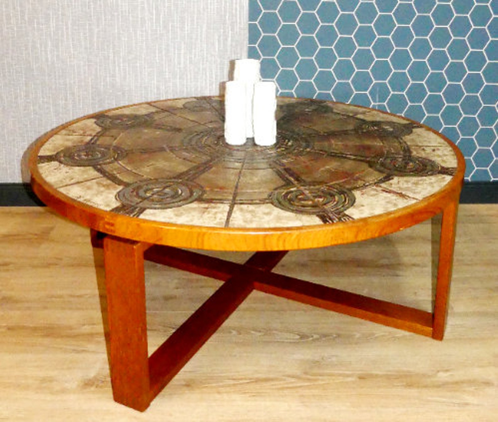 70's XL Round Coffee Table 125 Cm Teak Ceramic OX ART 77 Etsy