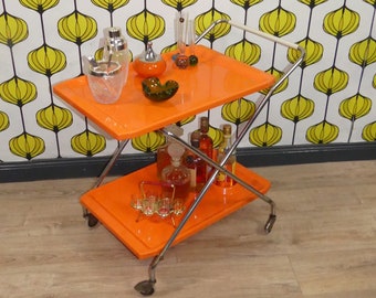 Folding 70s bar cart side table ORANGE plastic chrome trolley bartender space age panton 70s seventies retro