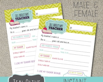 All About My Teacher Questionnaire Printables | Teacher Appreciation Week Questionnaire |  DIY Printable | Instant Download