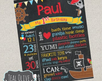 May include: A chalkboard-style birthday sign for a child named Paul. The sign includes the text "My 1st Birthday," the child's birthdate, weight (23 pounds, 4 ounces), and height (30 inches). It also lists favorite things and activities, with pirate-themed illustrations.