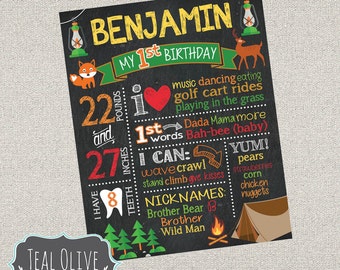 Puede incluir: Un letrero de cumpleaños estilo pizarra para el primer cumpleaños de Benjamín. El letrero presenta el nombre "BENJAMIN" en amarillo, junto con detalles como el peso (10 kg), la altura (69 cm) y las cosas favoritas. Incluye un zorro, un ciervo y un tema de acampada.