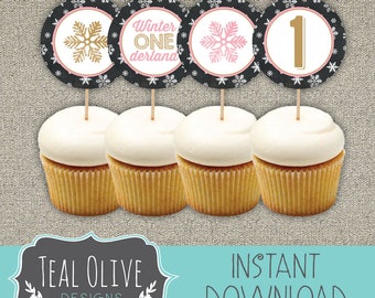 Winter ONEderland Cupcake Toppers - Pink & Gold, Snowflakes, Onederland Birthday