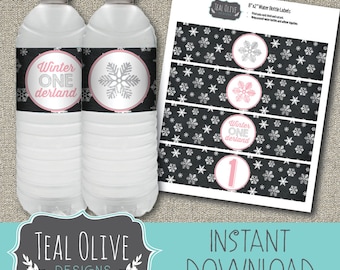 Winter ONEderland Water Bottle Labels - Snowflakes, Onederland Birthday, drink wrappers