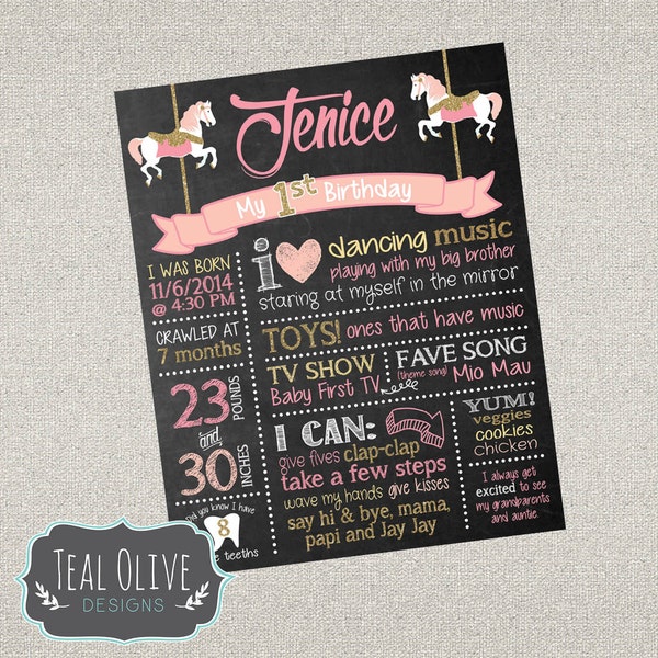 Carousel Chalkboard Birthday Sign - First Birthday ChalkBoard Poster - carousel, marry-go-round, horse - Birthday Sign - DIGITAL FILE