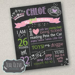 Princess Chalkboard Birthday Sign - First Birthday ChalkBoard Poster - Princess Party - Tiara - Birthday Sign - DIGITAL FILE