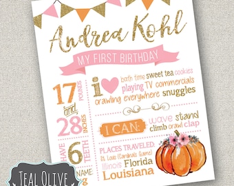 Our Little Pumpkin Birthday Chalkboard Sign - First Birthday chalkboard - Birthday Sign - leaves, pumpkins, fall, autumn- Digital Print