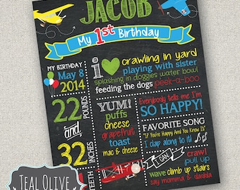 Airplane Theme Birthday Chalkboard Sign - First Birthday chalkboard - Birthday Sign - planes, airplanes, pilot - Digital Print