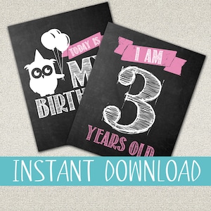 May include: Two chalkboard-style birthday signs. One features a white owl holding balloons with the text "Today is my birthday". The other says "I am 3 years old" in white and pink lettering. The words "Instant Download" are at the bottom.
