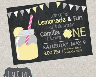 Summer Lemonade Fun & One Theme Invitation - Chalkboard invitation - Lemonade, Summertime, Fun - Matching Chalkboard Birthday Sign