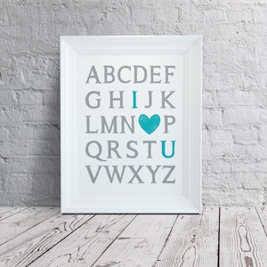 Nursery Wall Art - ABC I Love You Nursery Wall Art - BLUE - Child Bedroom Artwork, I Heart You, Alphabet, Simple, Modern - Baby Shower Gift