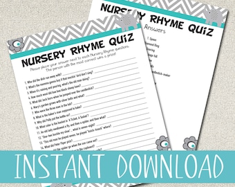 Nursery Rhyme Quiz Print-out voor Baby douche spel - blauw