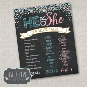 Gender Reveal Old Wives' Tales Printable Chalkboard Poster DIY Printable He or She, Boy or Girl, Pink or Blue image 1